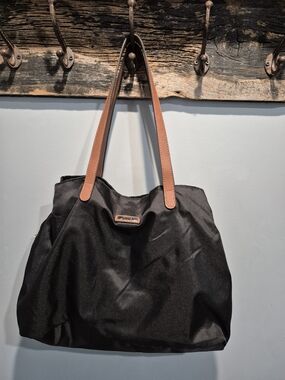 Roots Nylon Water Resistant Black Tote Bag Brown Leather Straps 3 Compartments